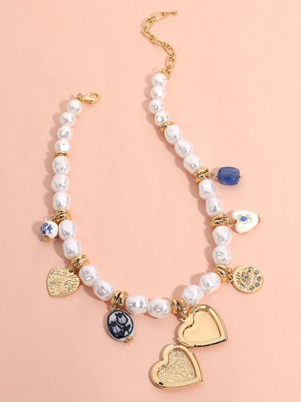 Anthropologie Seraphina Baroque Pearl and Gold Heart Locket Charm Necklace NWOT